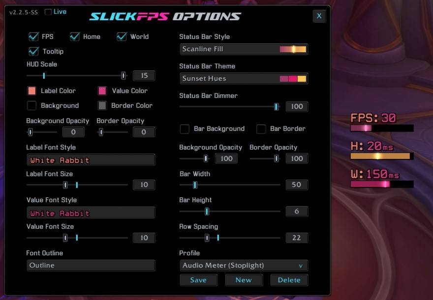 An example of the Scanline Fill style, Sunset Hues theme and White Rabbit font with no frame. (Hud Scale maxed for good screenshot visibility)