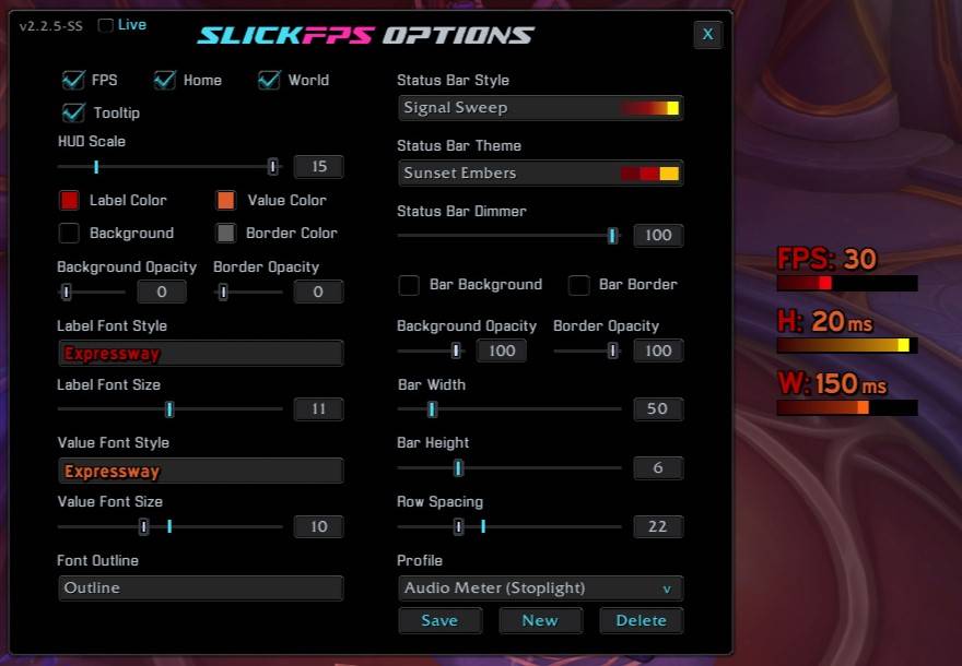 An example of the Signal Sweep style, Sunset Embers theme and Expressway font with no frame. (Hud Scale maxed for good screenshot visibility)