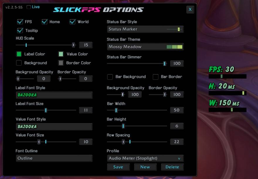 An example of the Status Marker style, Mossy Meadow theme and Bazooka font with no frame. (Hud Scale maxed for good screenshot visibility)