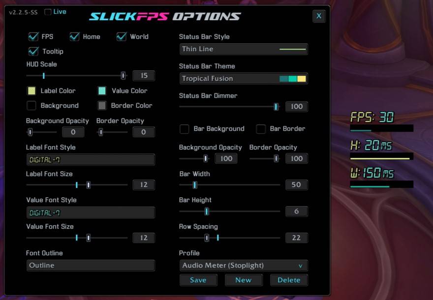 An example of the Thin Line style, Tropical Fusion theme and Digital-7 font with no frame. (Hud Scale maxed for good screenshot visibility)