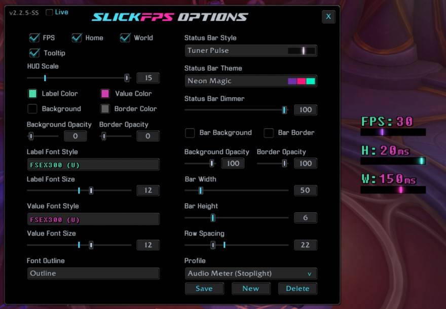 An example of the Tuner Pulse style, Neon Magic theme and FSEX300 (U) font with no frame. (Hud Scale maxed for good screenshot visibility)