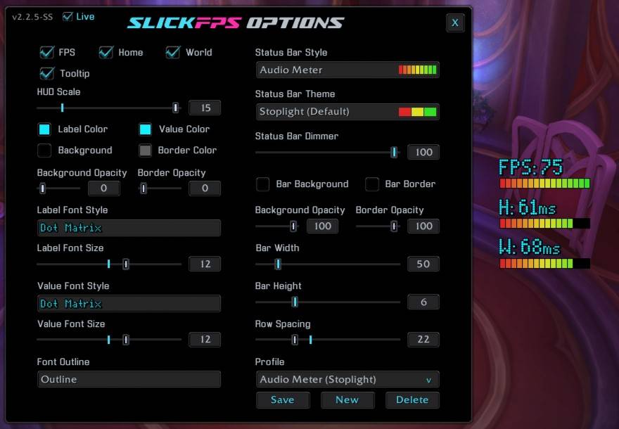An example of a custom theme called "Audio Meter" with good FPS and Latency. (Hud Scale maxed for good screenshot visibility)