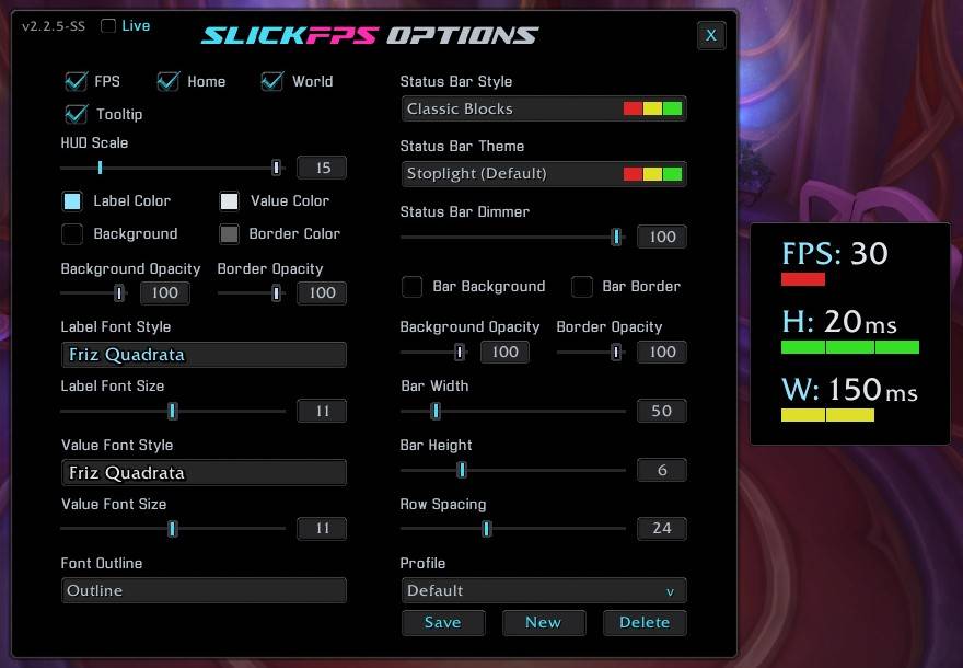 Default Frame and Options Window with an Example of how the Bars change color based on Low FPS, Great Home Latency and Medium World Latency. (Hud Scale maxed for good screenshot visibility)
