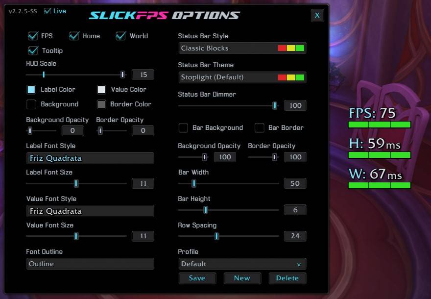 Default Frame and Options Window with an Example of how the Bars change color based on Great FPS, Home Latency and World Latency. (Hud Scale maxed for good screenshot visibility)