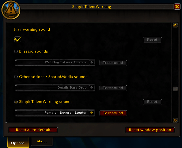 Sound options from the addon, other addons that support it and some default Blizzard-sounds