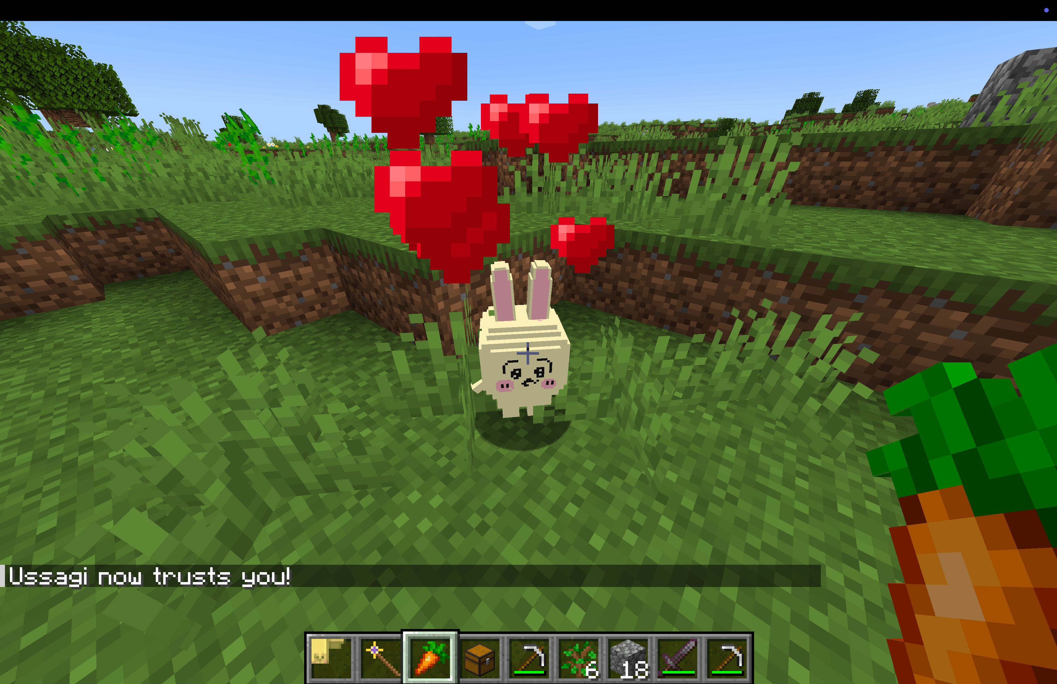 Feed a wild Usagi carrots until hearts appear — find them in plains, forests, and flower forests.