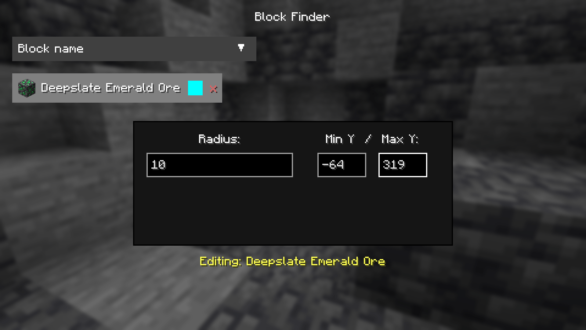Use the submenu editor to define block to scan, minimum and maximum y-levels