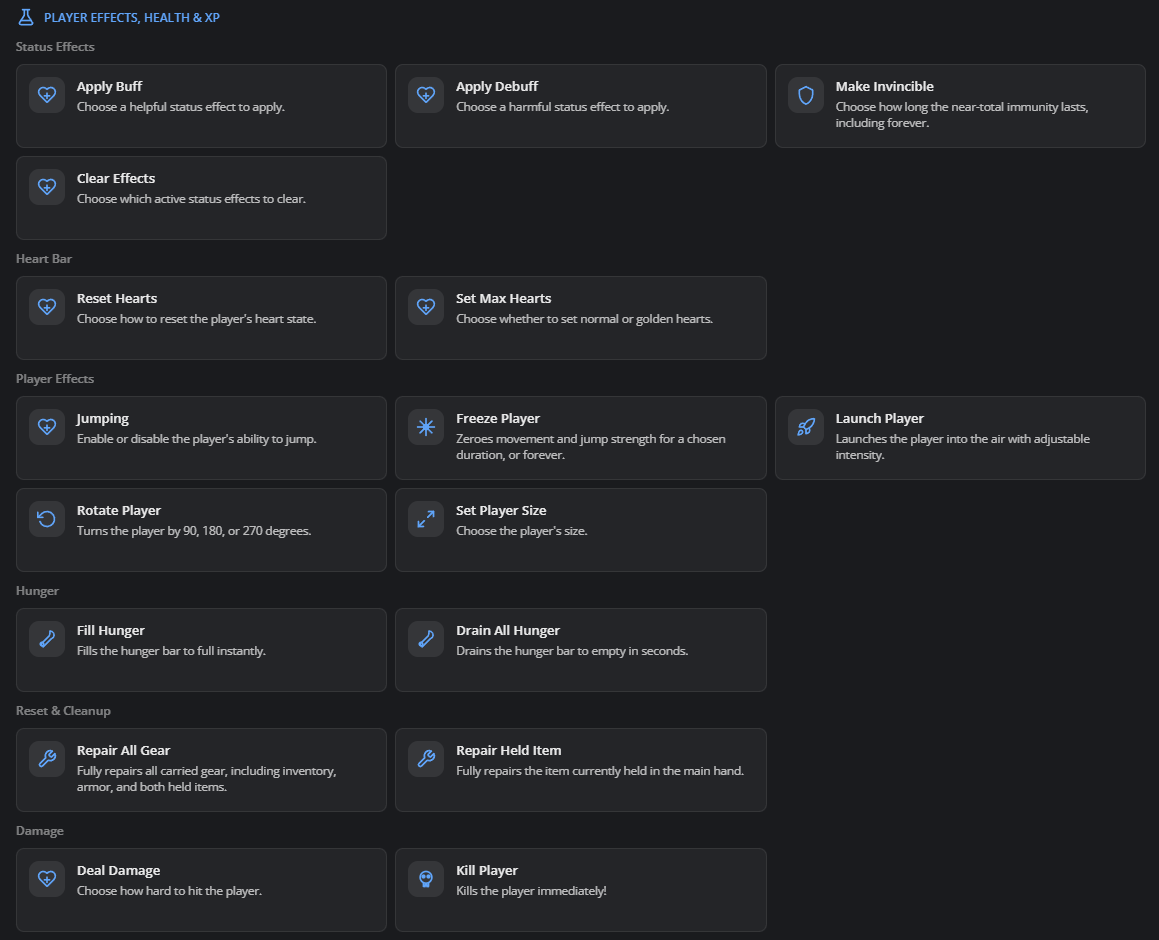 Overview of some of the player-related actions in our catalog