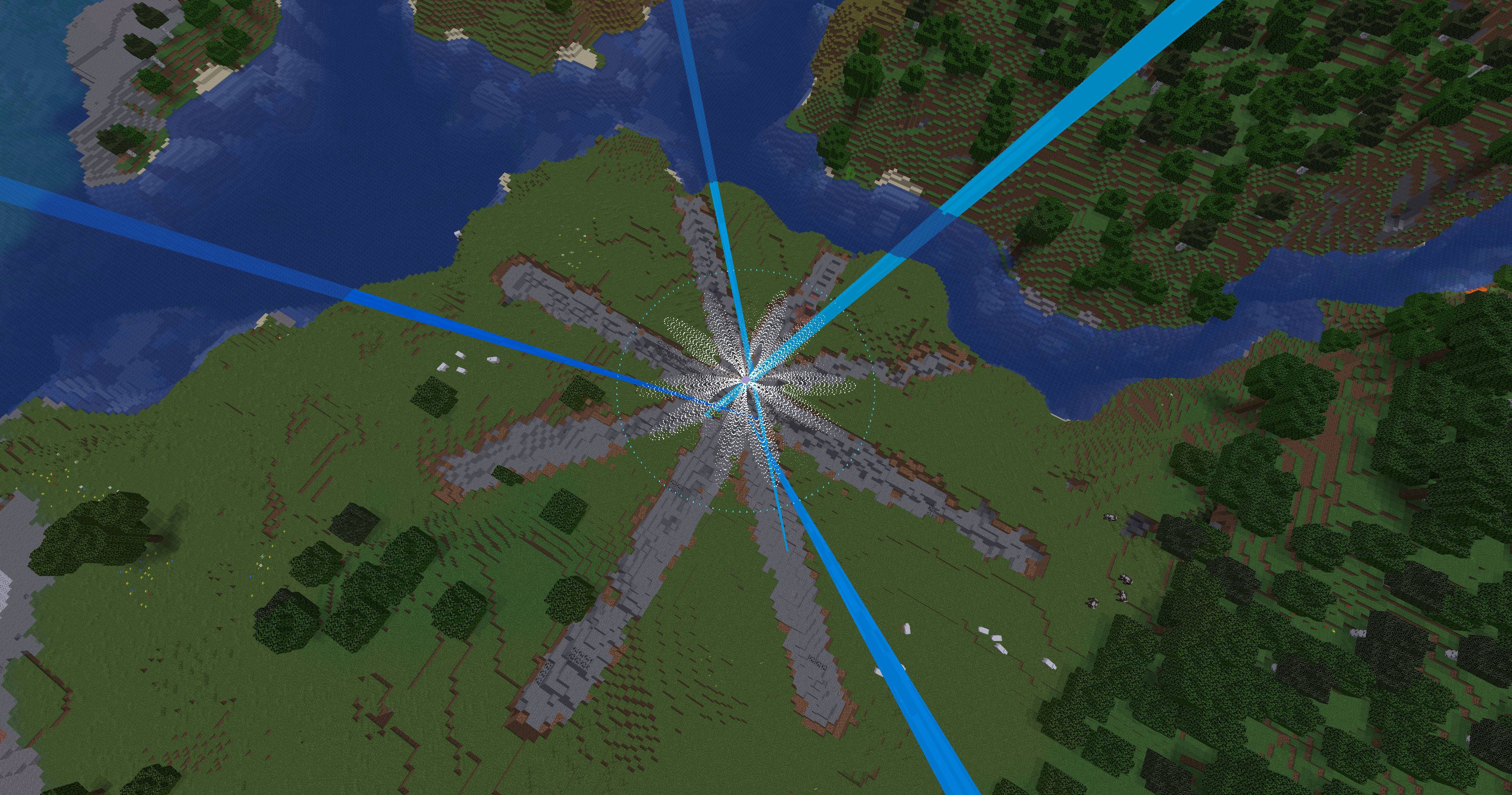 Multiple rays focused on a single target. This TNT will end with a huge expanding ray.
