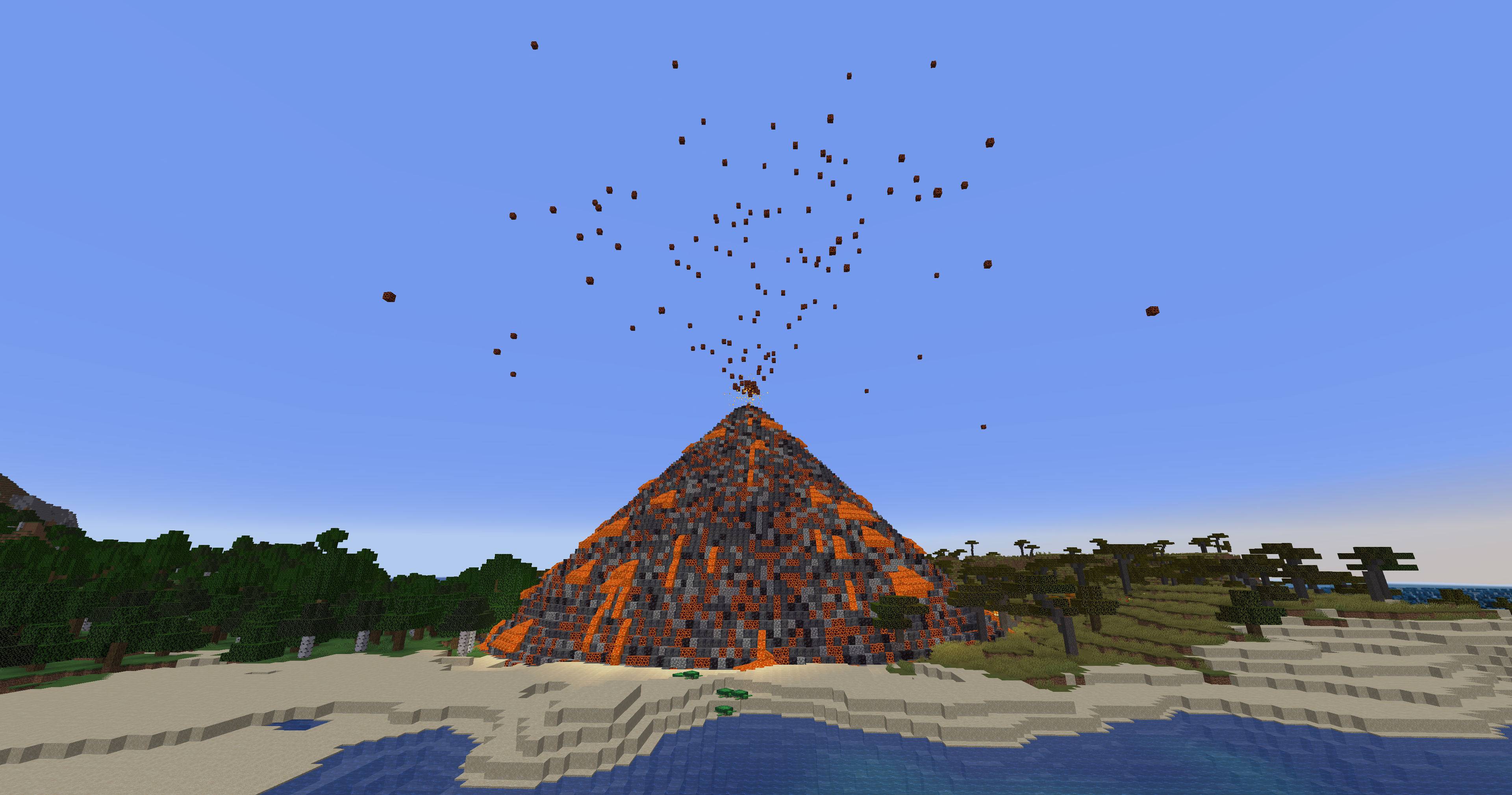 This volcano will be slowly build by the TNT until it erupts. Falling magma explodes on impact.