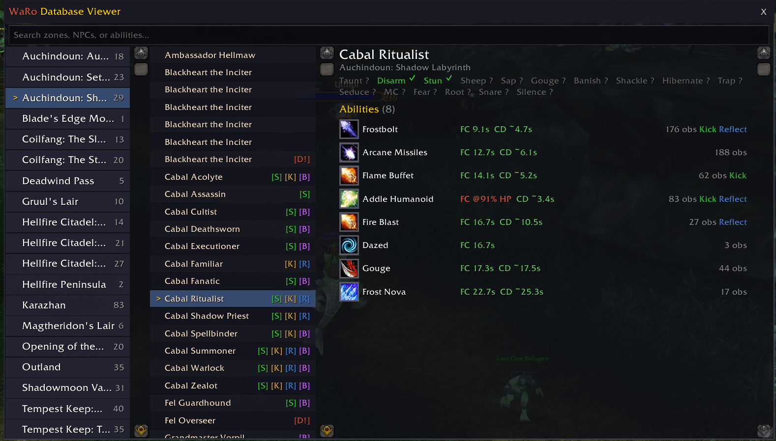 Recorded mob database viewer.
Data used in rotations, what can i stun or taunt. E.g. Retribution paladin deals double damage with Seal of Command on stunned enemies. Spell reflect advisor, interrupt advisor for starred abilities.