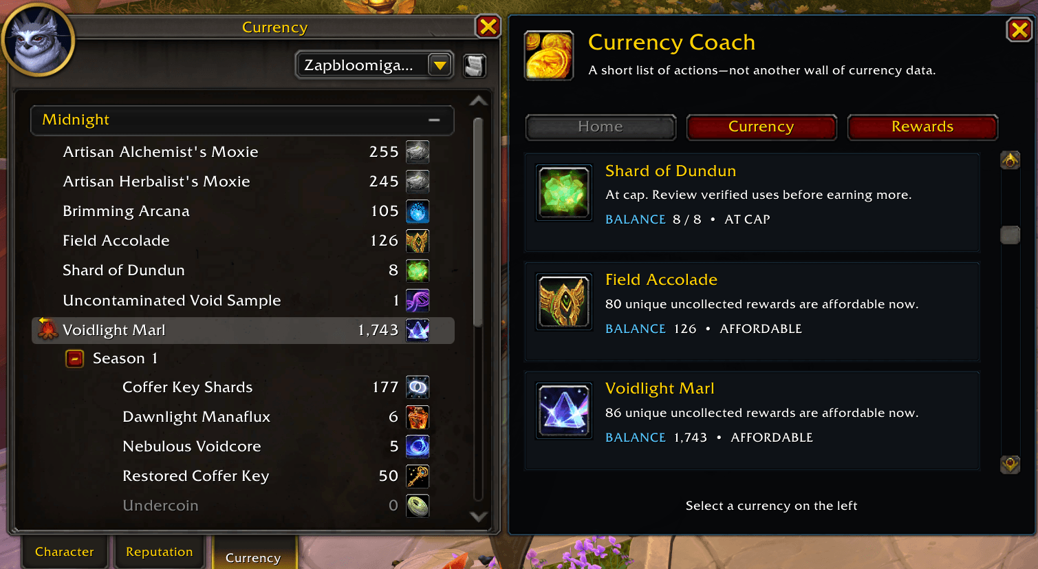 Currency Coach adds a smart companion panel to Blizzard’s Currency tab so you can quickly see which currencies need attention, which rewards are affordable, and what your current balances mean.