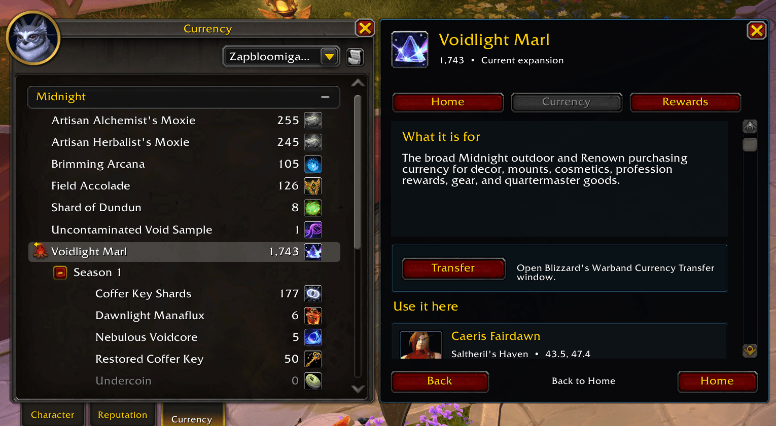 Select a currency to learn what it is for, view your balance, find where to spend it, browse vendors and rewards, and open Blizzard’s native Warband Currency Transfer window when supported.