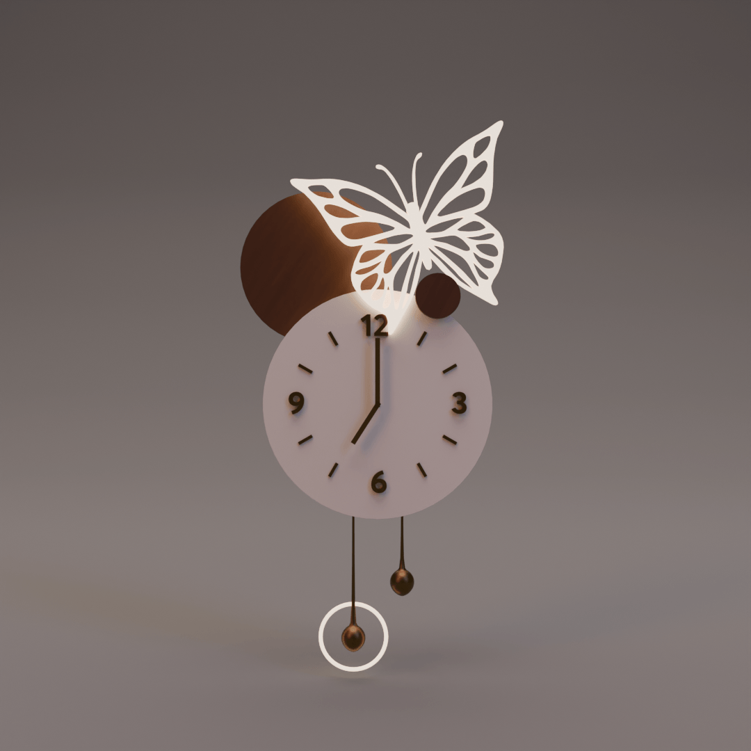 A sculptural wall clock featuring layered circular forms, a delicate butterfly silhouette, and warm ambient backlighting