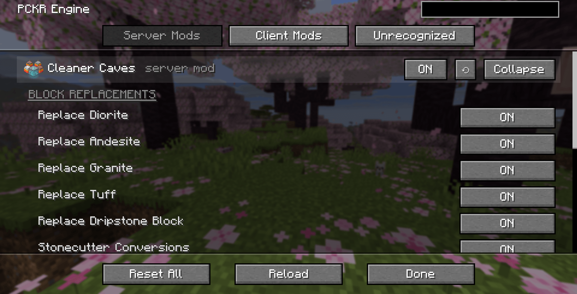 Configuring your mods is simple now, thanks to the PCKR Engine. These are only a few examples, without a mod's own subpage. Reset All resets configurations of all mods. Reload reloads all mods' features.