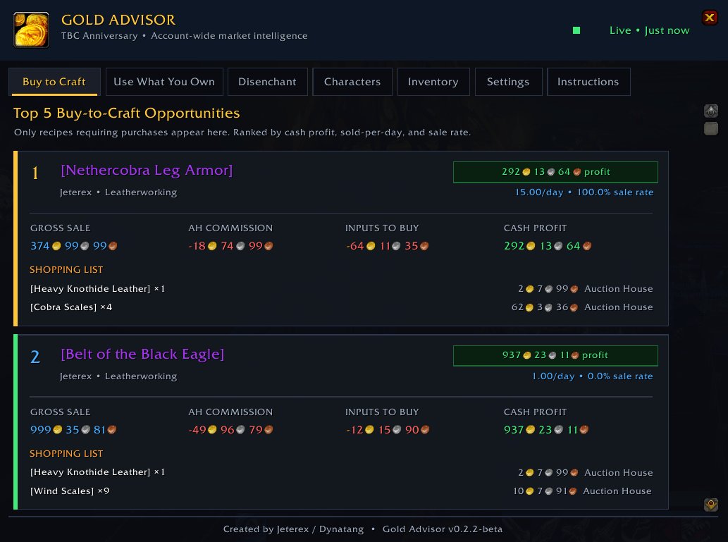 Thumbnail Ranked buy-to-craft opportunities show gross sale value, Auction House commission, missing-material cost, cash profit, regional demand, and the exact shopping list.