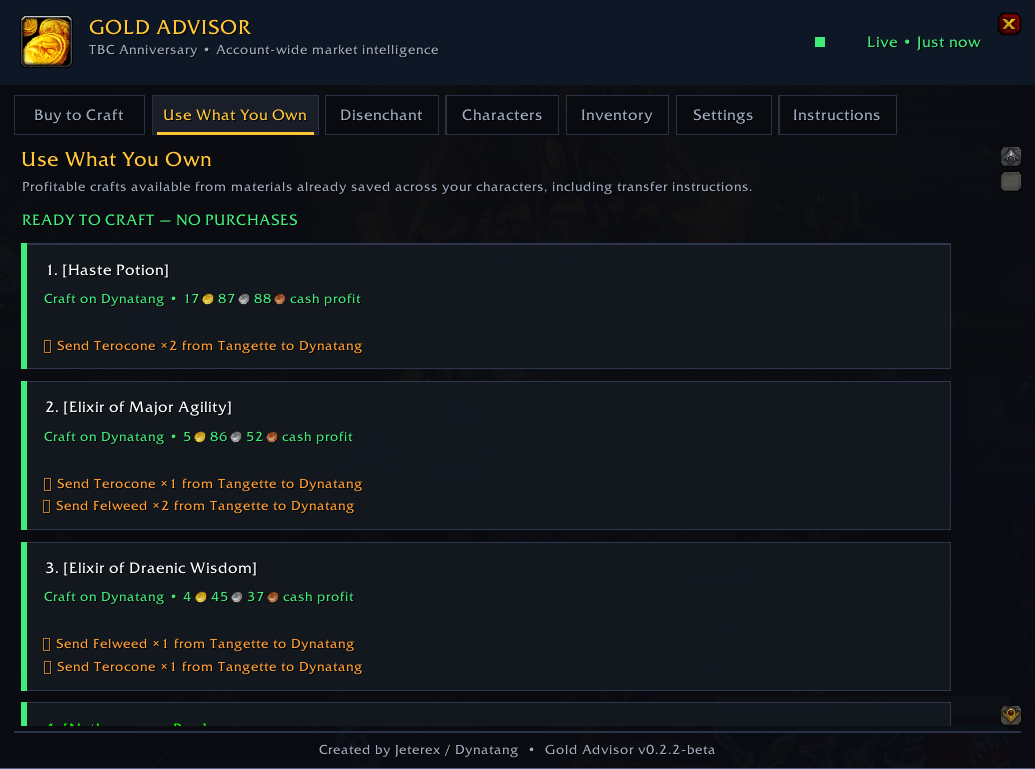 Thumbnail Gold Advisor finds profitable crafts using materials already stored across your characters and tells you exactly what should be transferred, where it should go, and what to craft.