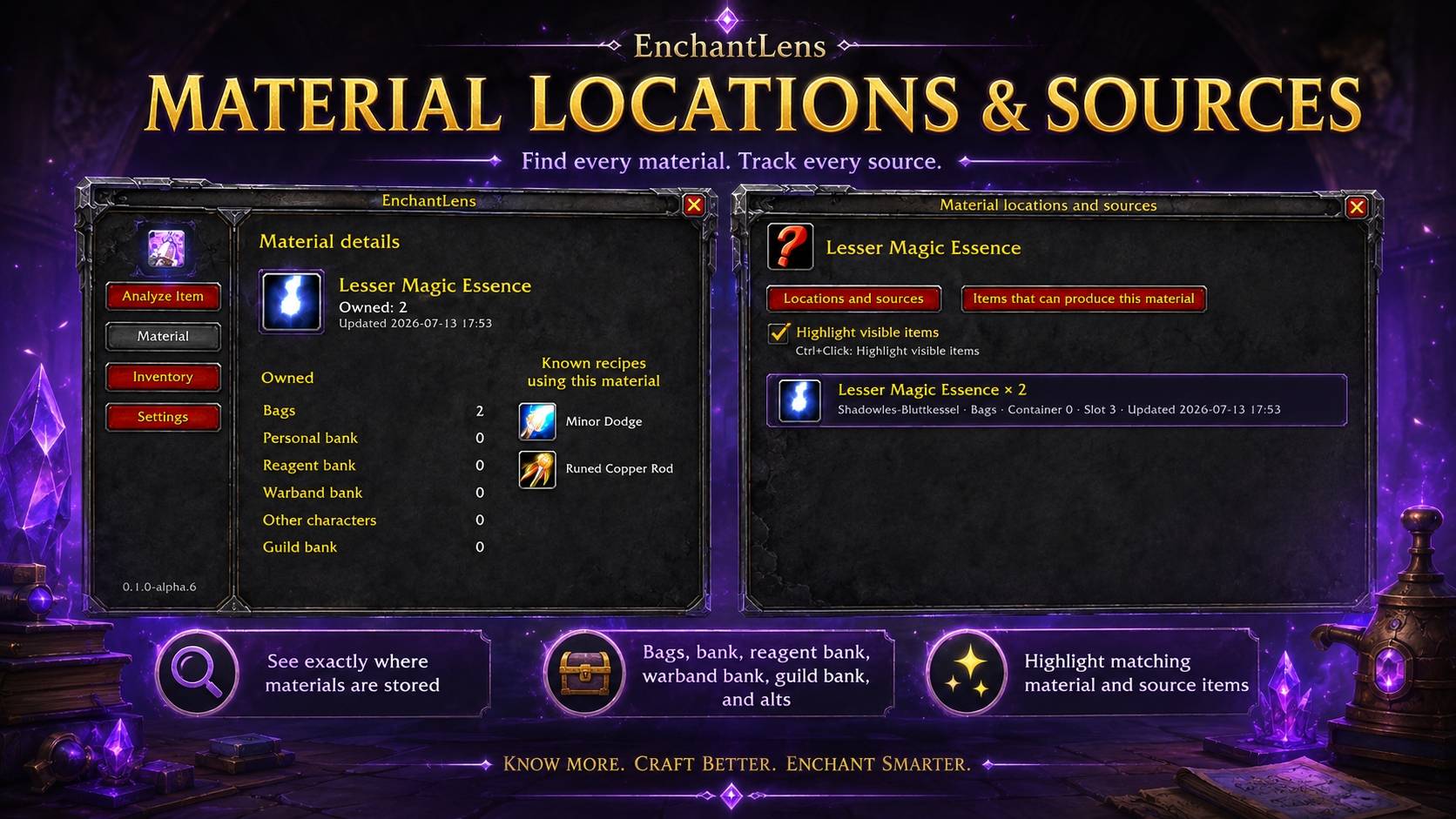 Find out where enchanting materials come from. Review known sources, related items, vendors, drops, and other acquisition methods while keeping important reagents clearly highlighted.