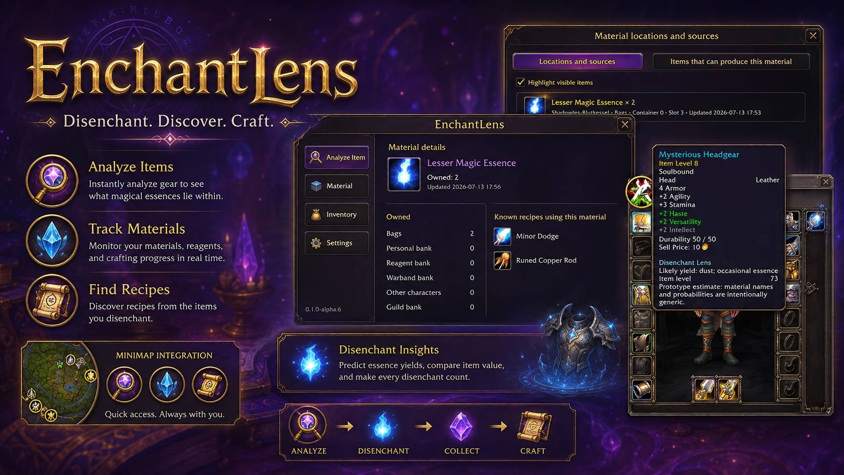 A complete overview of EnchantLens and its core features. Analyze items before disenchanting, track important enchanting materials, discover recipe sources, and access helpful crafting insights directly inside World of Warcraft.