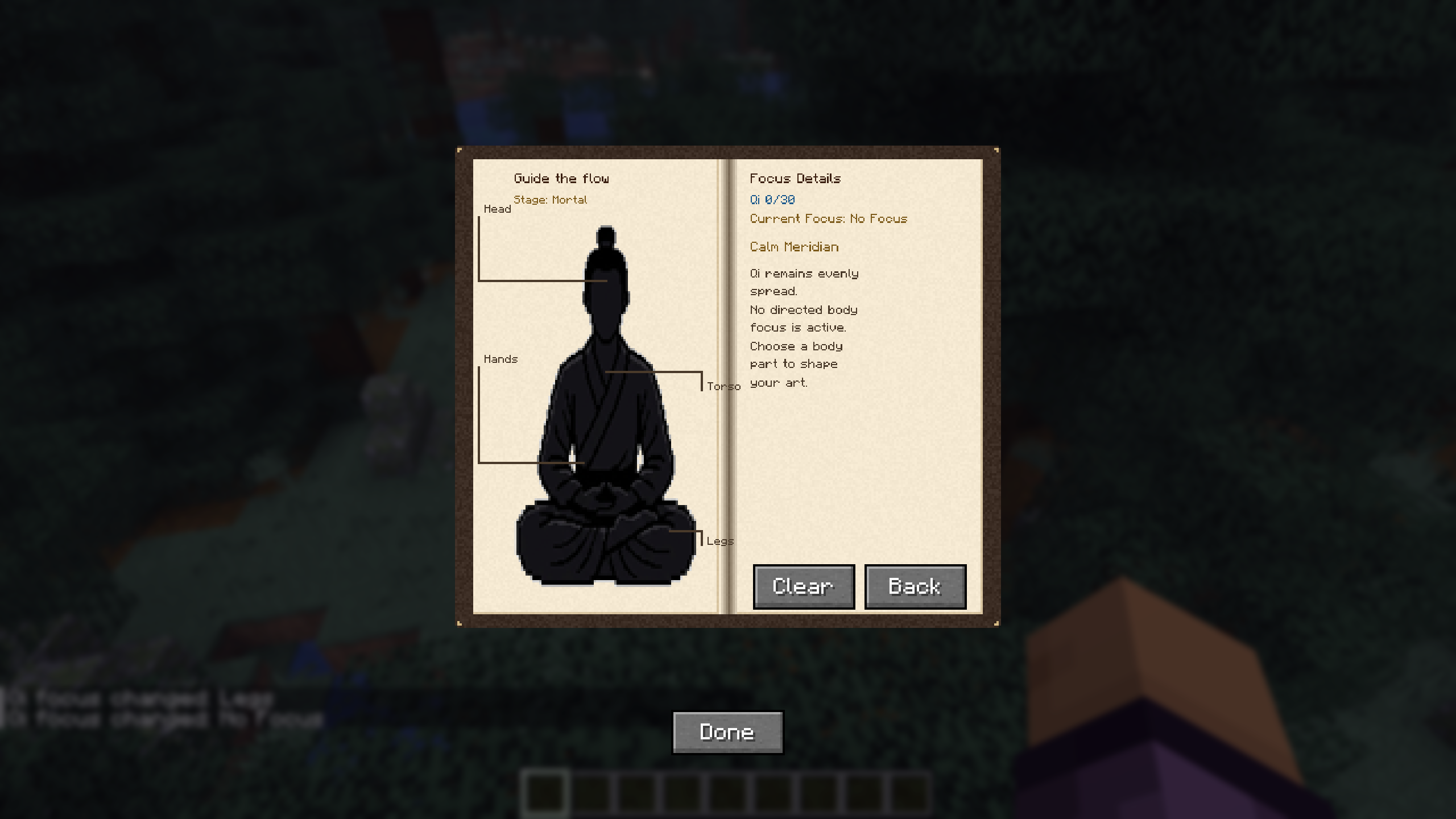 Thumbnail The Qi Focus interface where players can redirect the flow of their spiritual energy into different body parts (Head, Torso, Hands, Legs) to gain targeted passive attribute buffs.