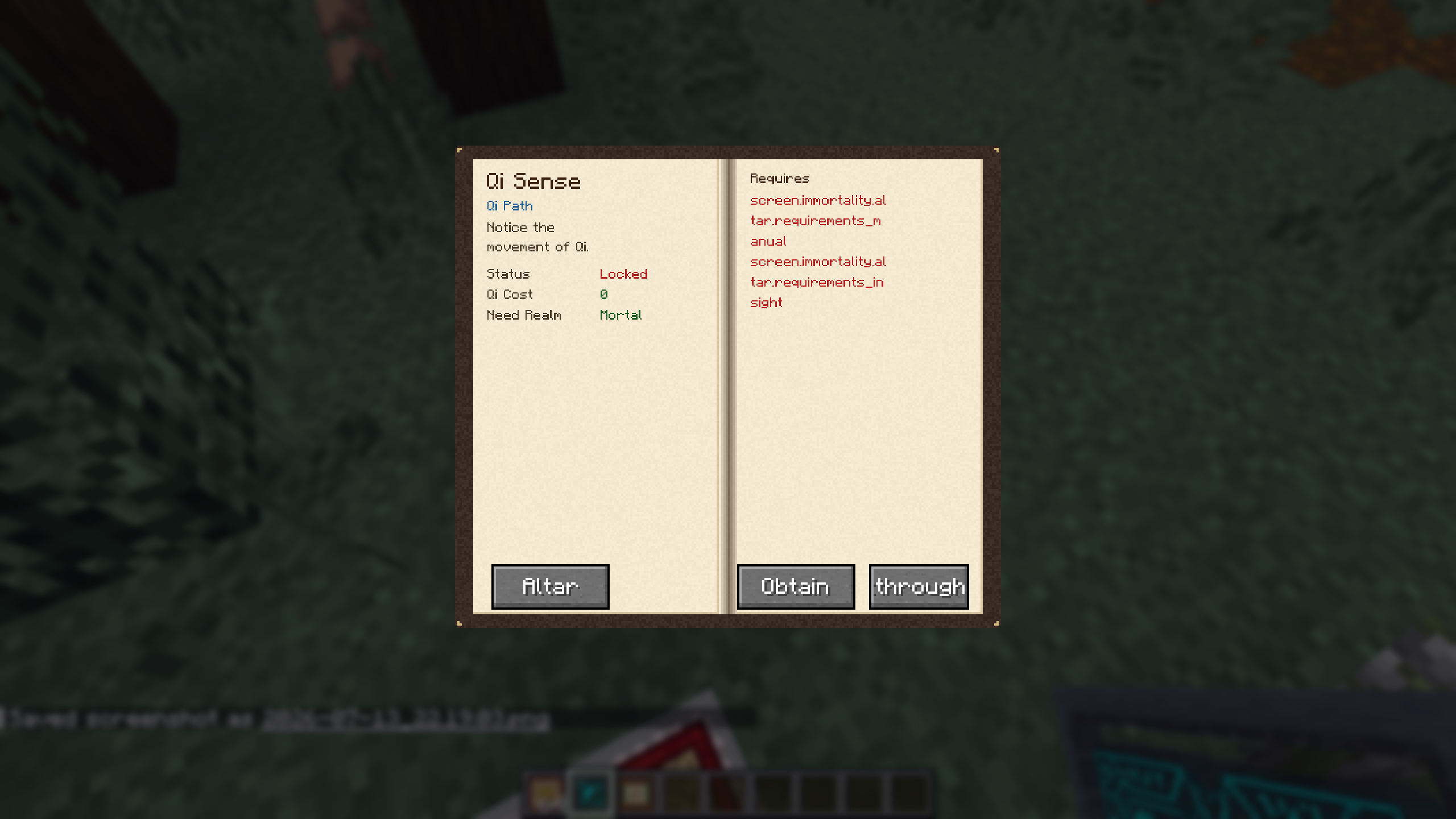 Thumbnail Detailed view of a research node (Qi Sense), displaying its lore, realm requirements, current lock status, and the cost to unlock.