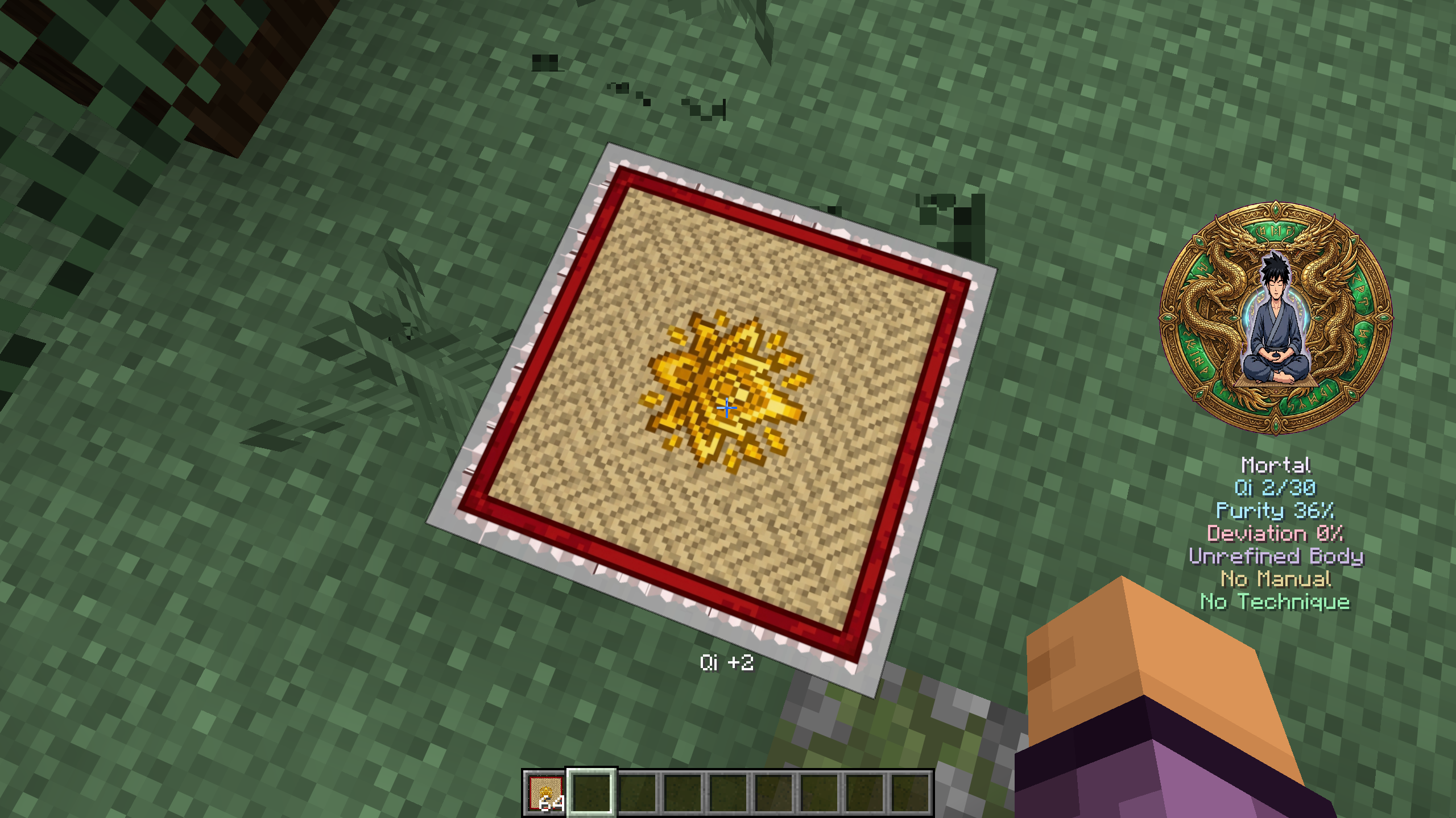 Thumbnail Meditating on the Meditation Mat to rapidly accumulate Qi. The custom Cultivator Medallion HUD shows stats like current Qi, Purity, active Manuals, and active Techniques.