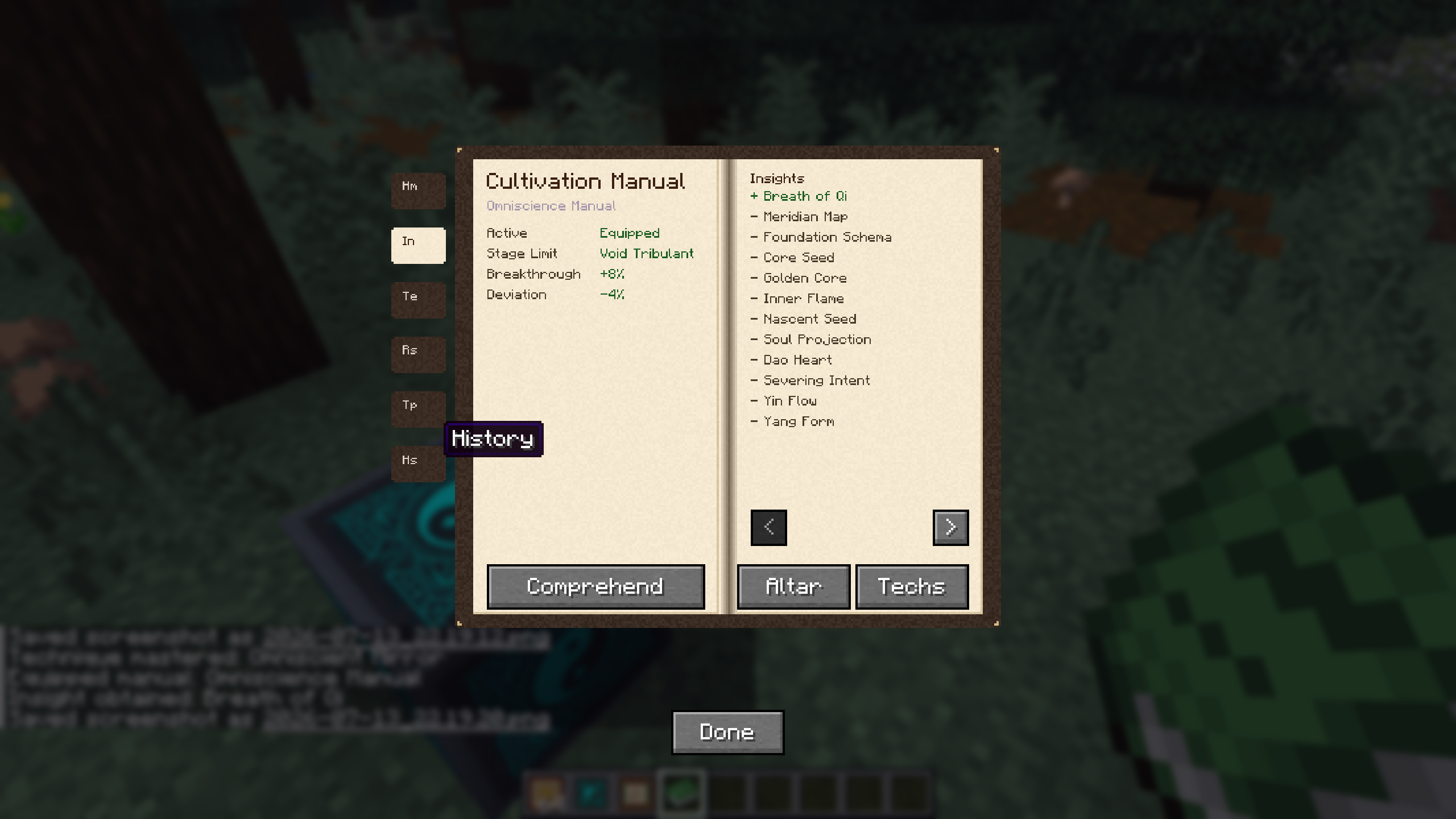Thumbnail The Insights tab of the Cultivation Manual, listing unlocked and potential insights (Meridian Map, Golden Core, Soul Projection, etc.) required for progression.