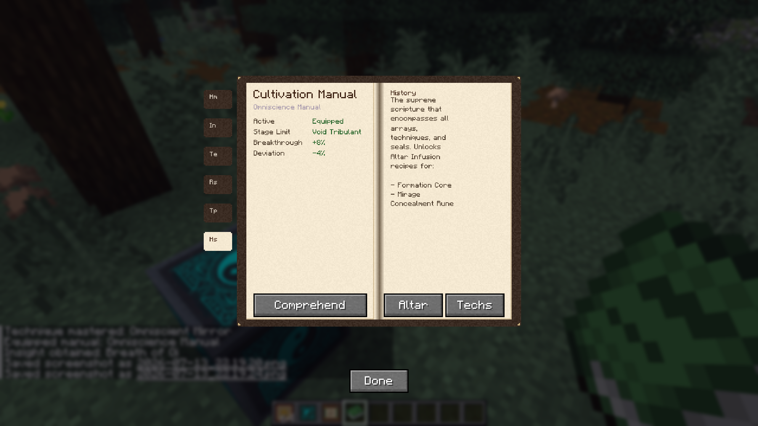 Thumbnail The Cultivation Manual history interface, showcasing equipped manual stats (Breakthrough rate, Deviation rate) and unlocked recipes/history lore.