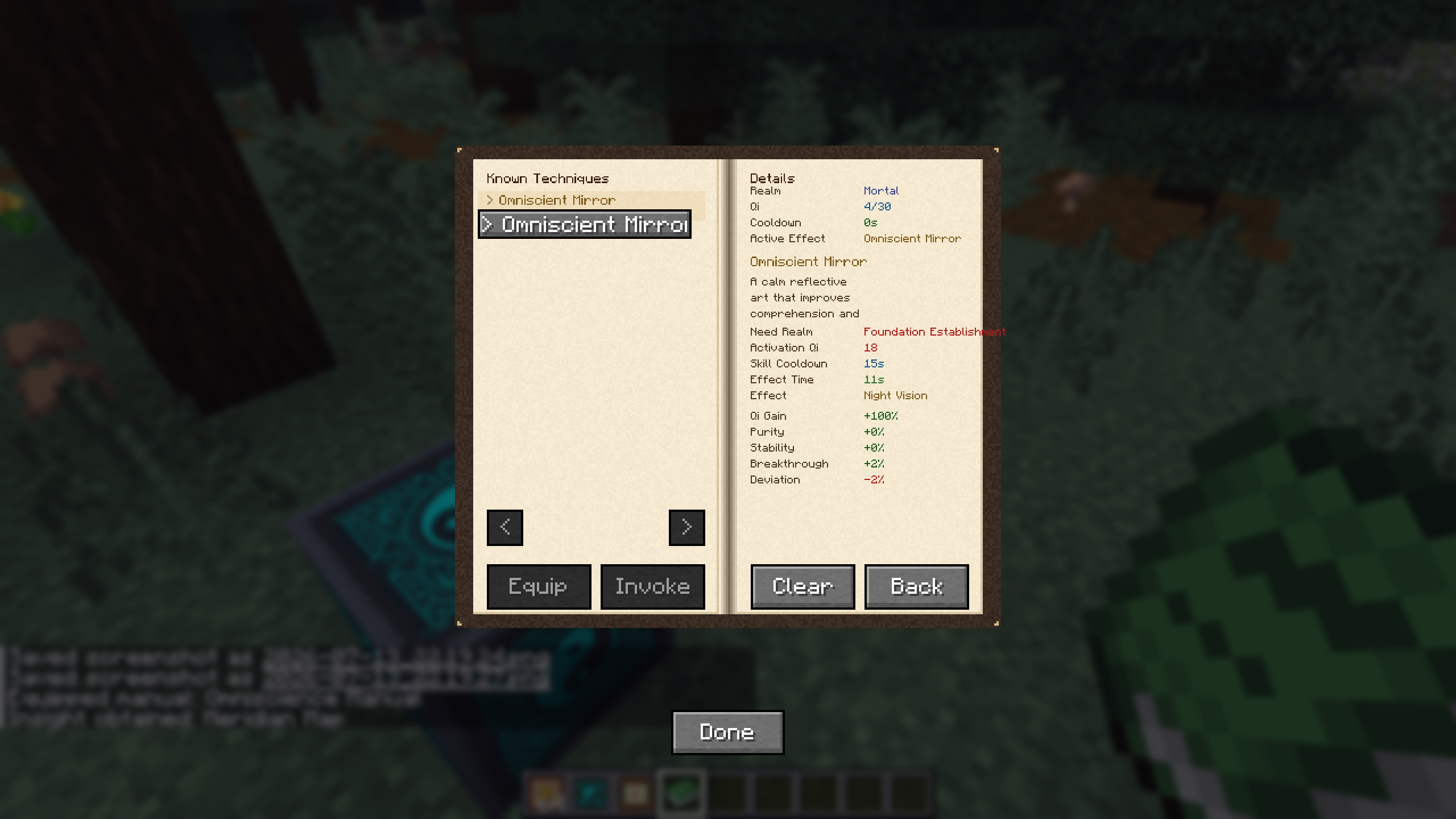 Thumbnail The techniques list where players view, equip, and invoke active cultivation arts (e.g., Omniscient Mirror) and inspect their specific costs, effects, and buffs.