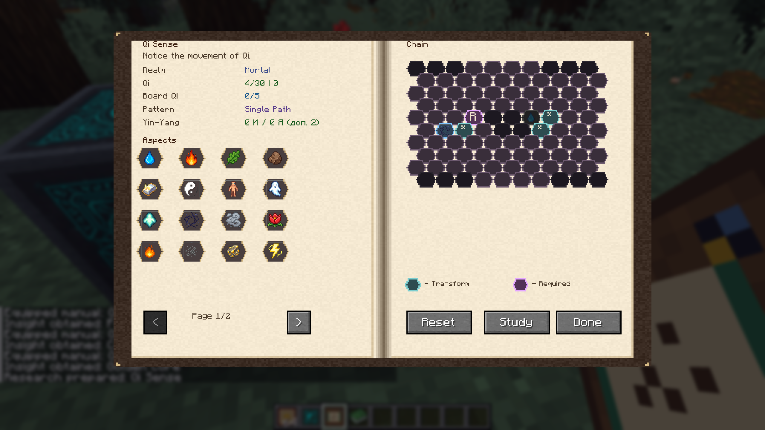Thumbnail The elemental aspect merging grid mini-game. Players place and connect aspects (such as Fire, Earth, Yin-Yang, and Chaos) to complete active research pathways.