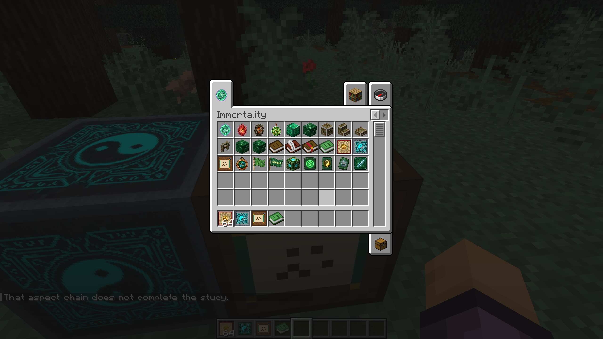 Thumbnail The Immortality creative inventory tab showing all custom items, blocks, manual grimoires, flags, runes, and tools introduced by the mod.