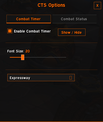 CTS Options showing Combat timer tab