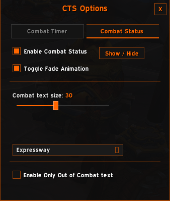 CTS Options showing Combat status tab
