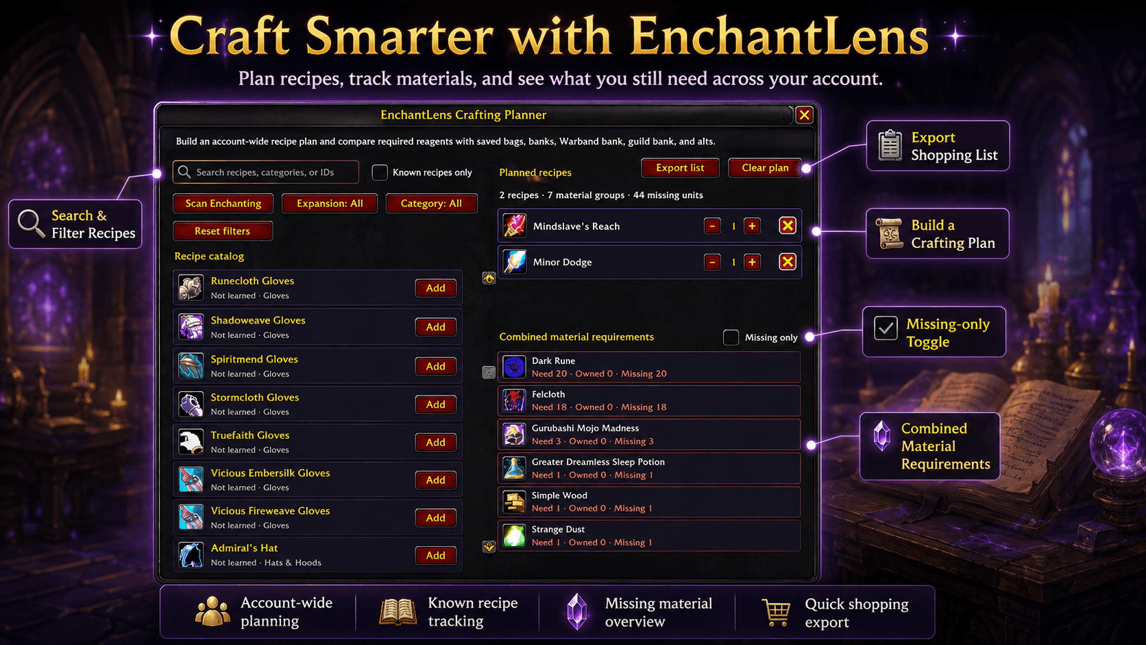 Plan multiple enchanting recipes across your account, combine material requirements, identify missing reagents, search and filter recipes, and export a convenient shopping list for your next crafting session.