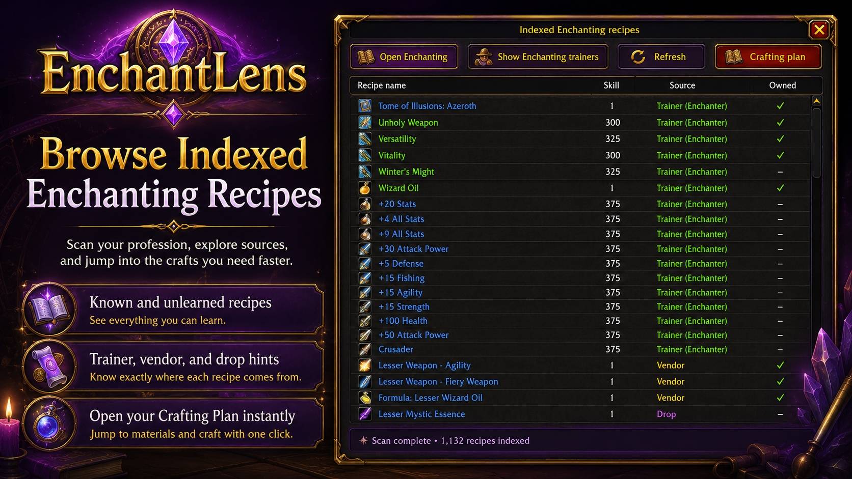 Browse a large searchable index of enchanting recipes. Filter recipes by expansion, profession source, trainer, vendor, drop, or other acquisition methods and quickly find the enchantment you need.