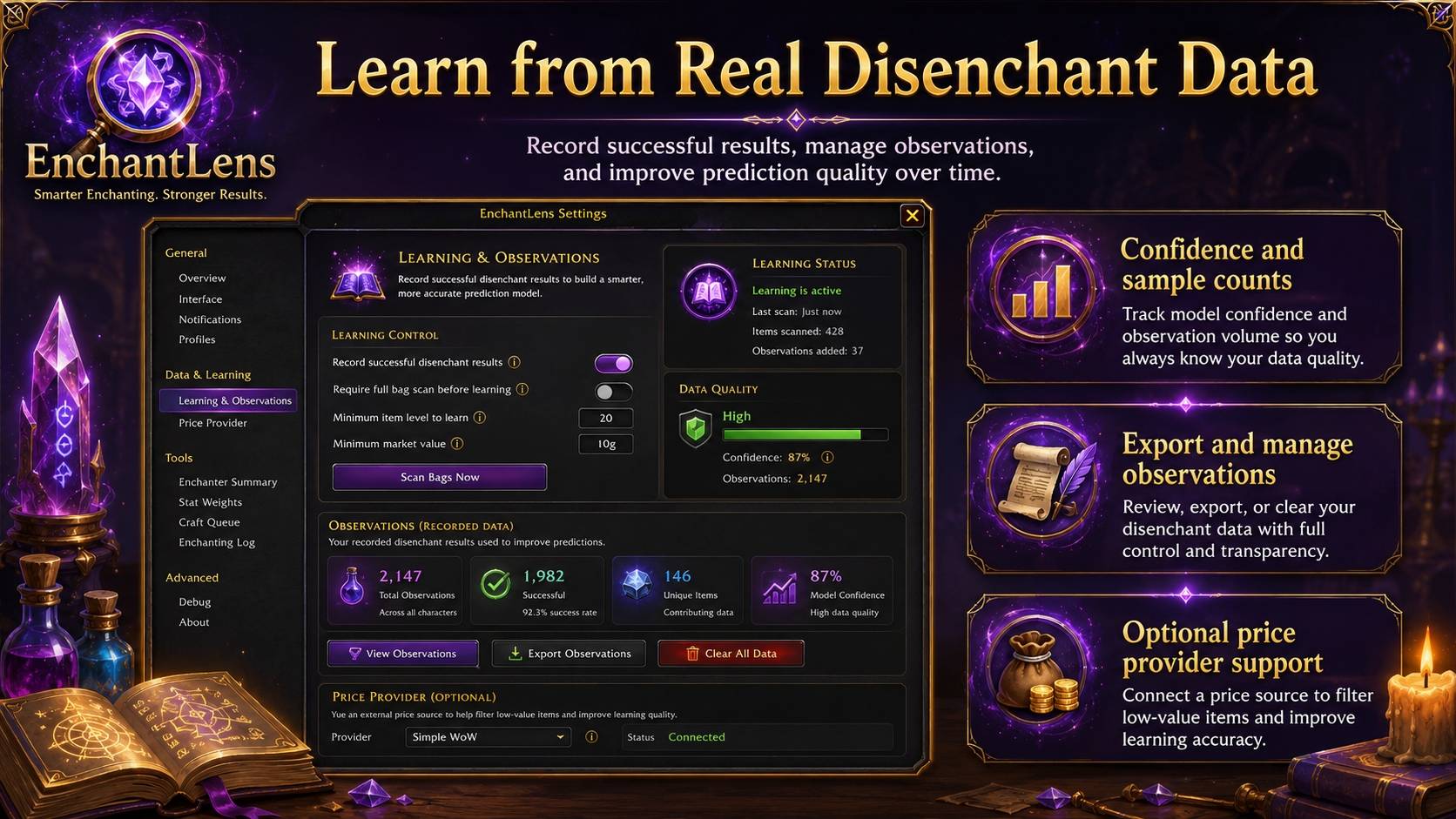 EnchantLens records successful disenchant results and builds useful statistics from real observations. Review sample counts, confidence levels, material distributions, and quality-based results to improve future predictions.