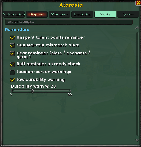 Alerts — reminders for unspent talents, low durability, and missing gear
