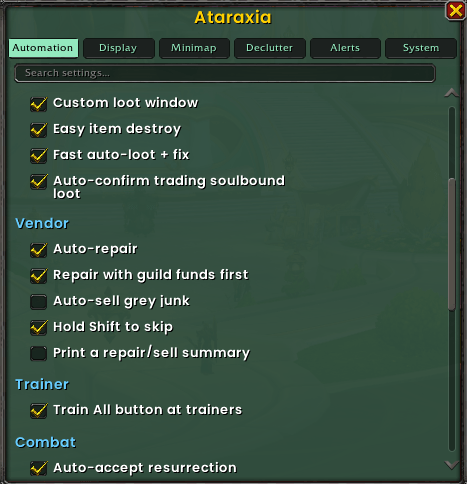 Automation — auto-repair, auto-sell junk, quest auto accept/turn-in, invites, and more