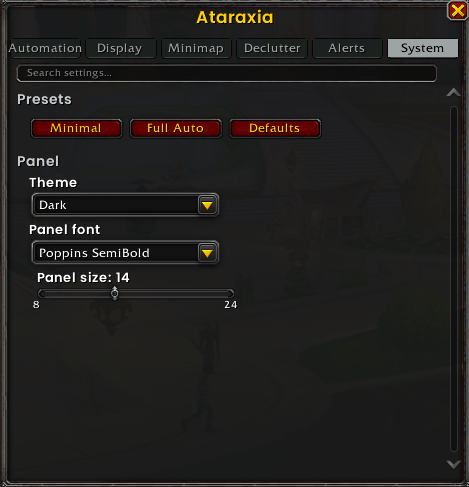 The options panel in the Dark theme