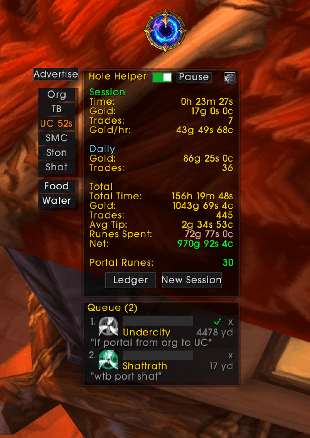 Full gold tracking, queue, portals, food and tables all in one place.