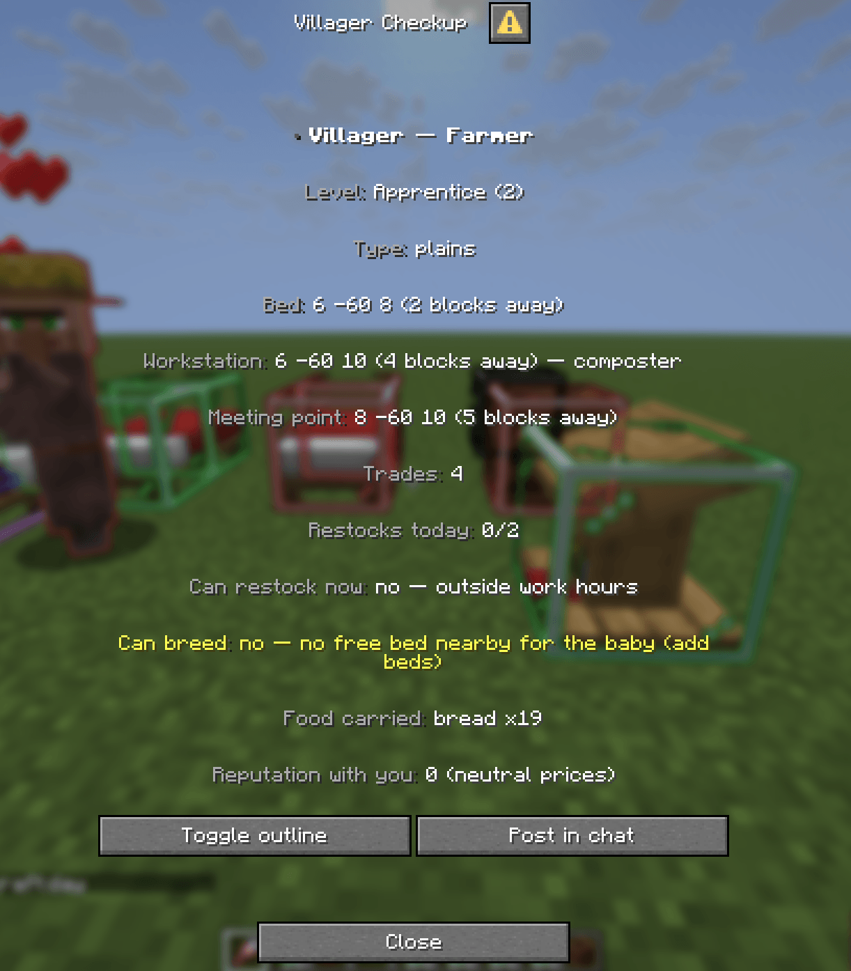 Right-click a villager with the Stethoscope: bed and workstation, trade refresh countdown, breeding readiness with every blocking reason, and your reputation — all updating live. Every line click-copies. Server-side only.
