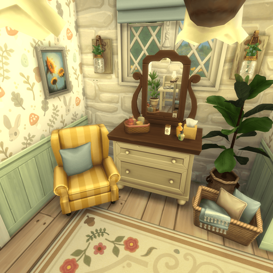 overview of the dresser with a mirror and skincare decor, a blankets basket, an armchair with lanterns above!