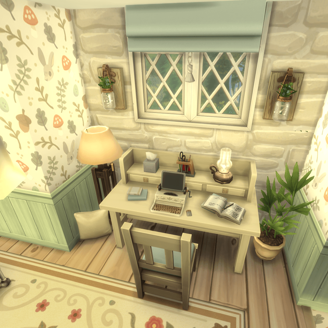 overview of the study area, with a desk, books, decor and a cushion for a backrest!