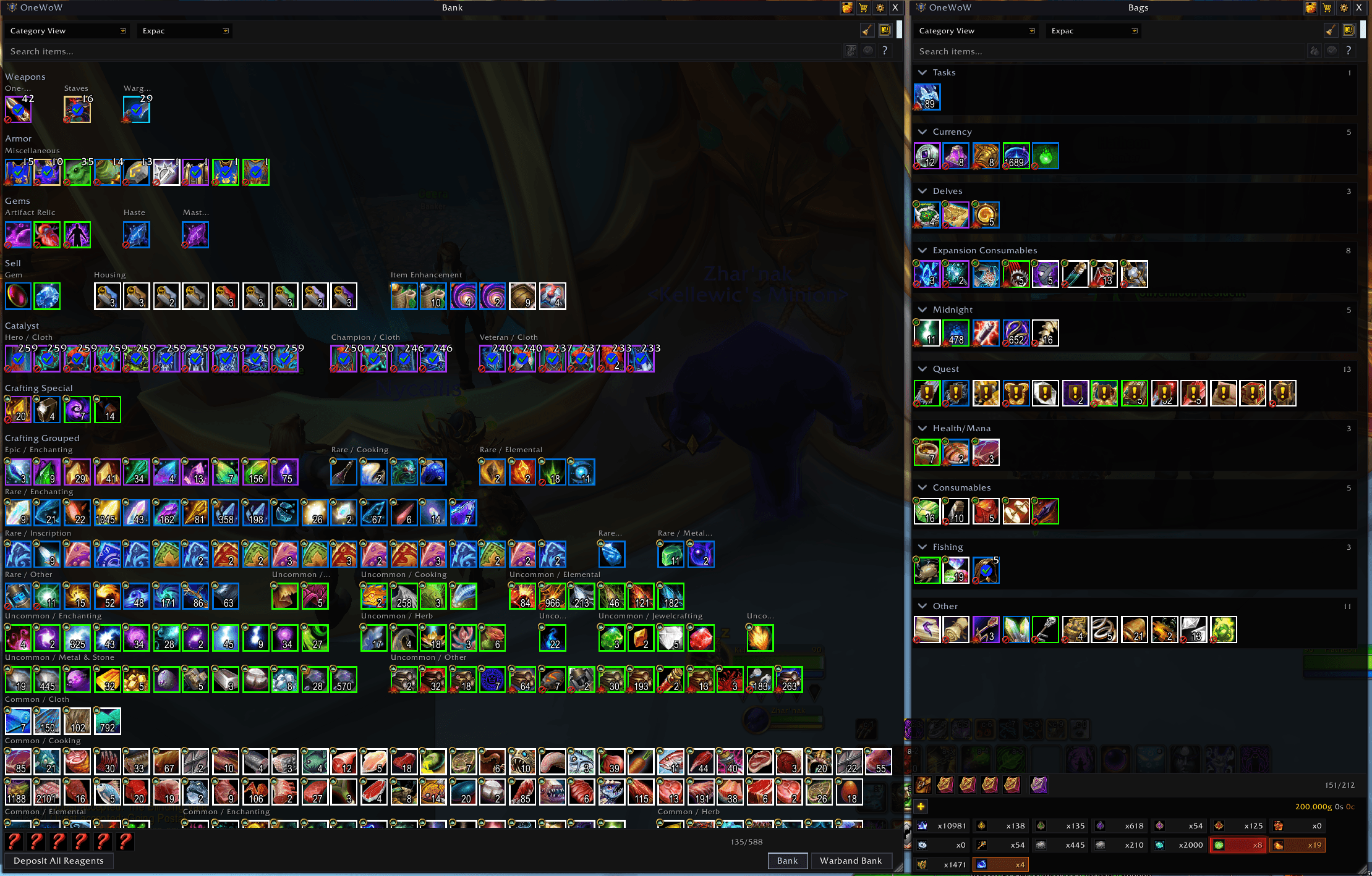 Built-in bags, personal/warband banks, and guild bank. Custom syntax for searching. Categories and sub-categories. Customize away!