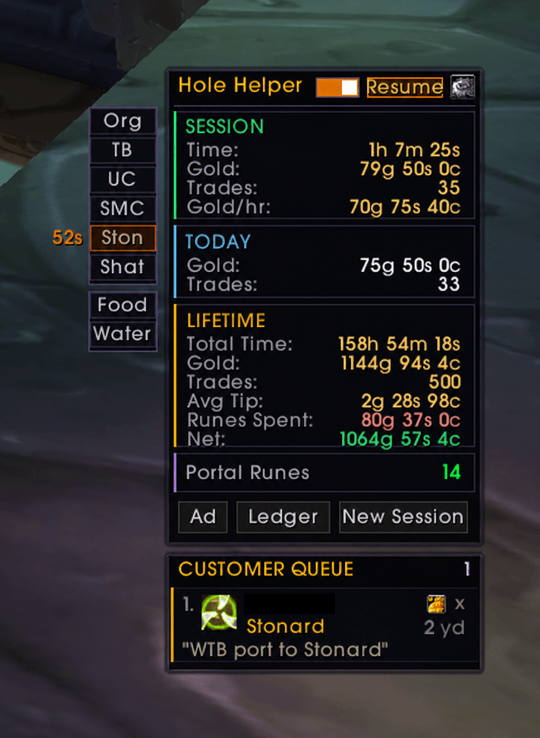 Full gold tracking, queue, portals, food and tables all in one place.