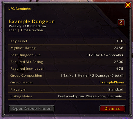 Displays dungeon details, key level, rating, group composition, leader and listing notes in a Blizzard-inspired style.
