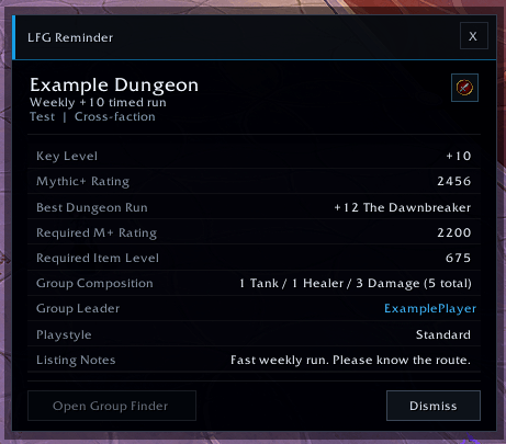 A clean and compact interface showing the most useful Premade Group Finder information at a glance.