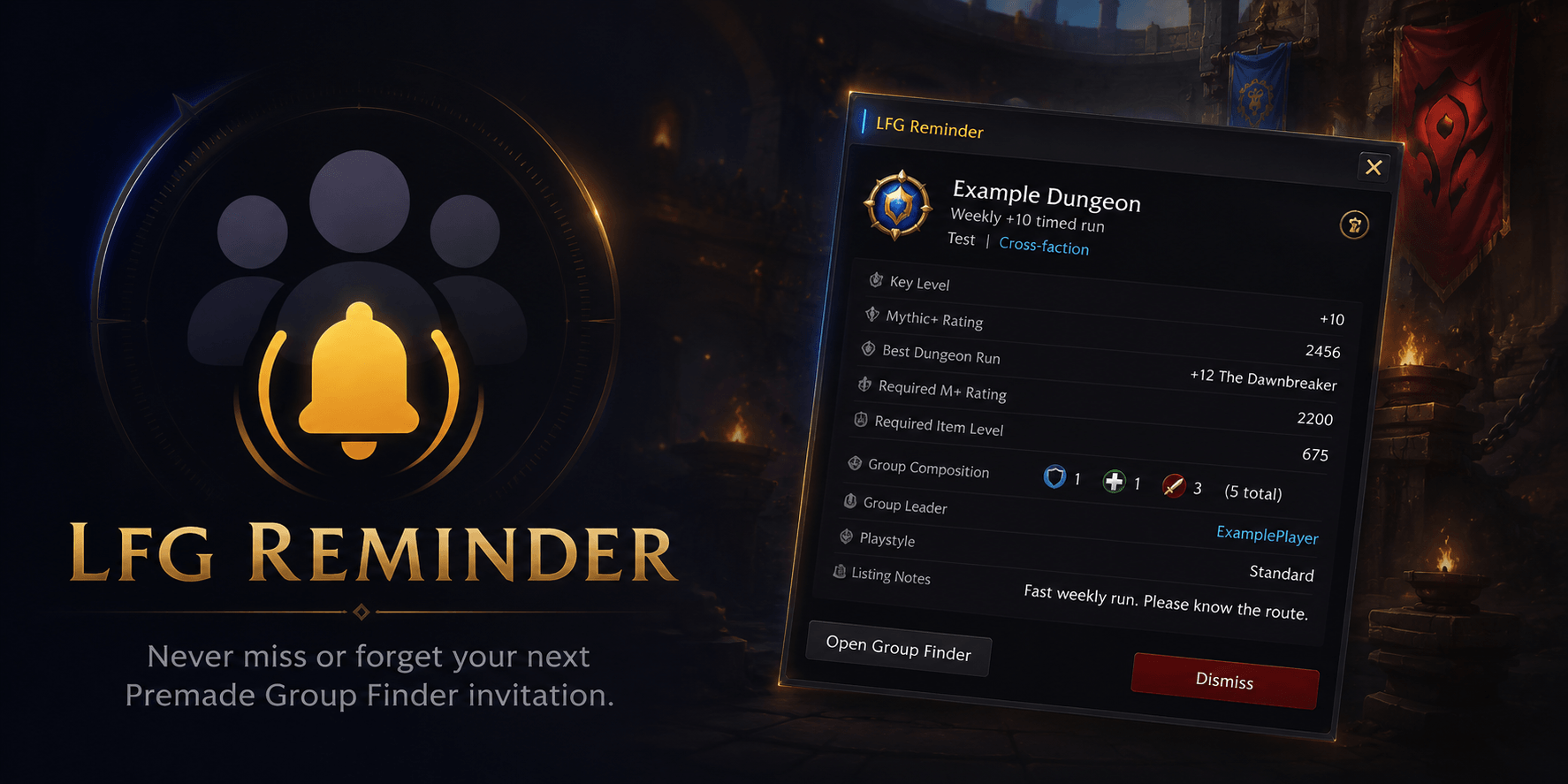 Keep WoW Retail Premade Group Finder invitations visible with detailed group info, notifications, history, and customizable closing options.
