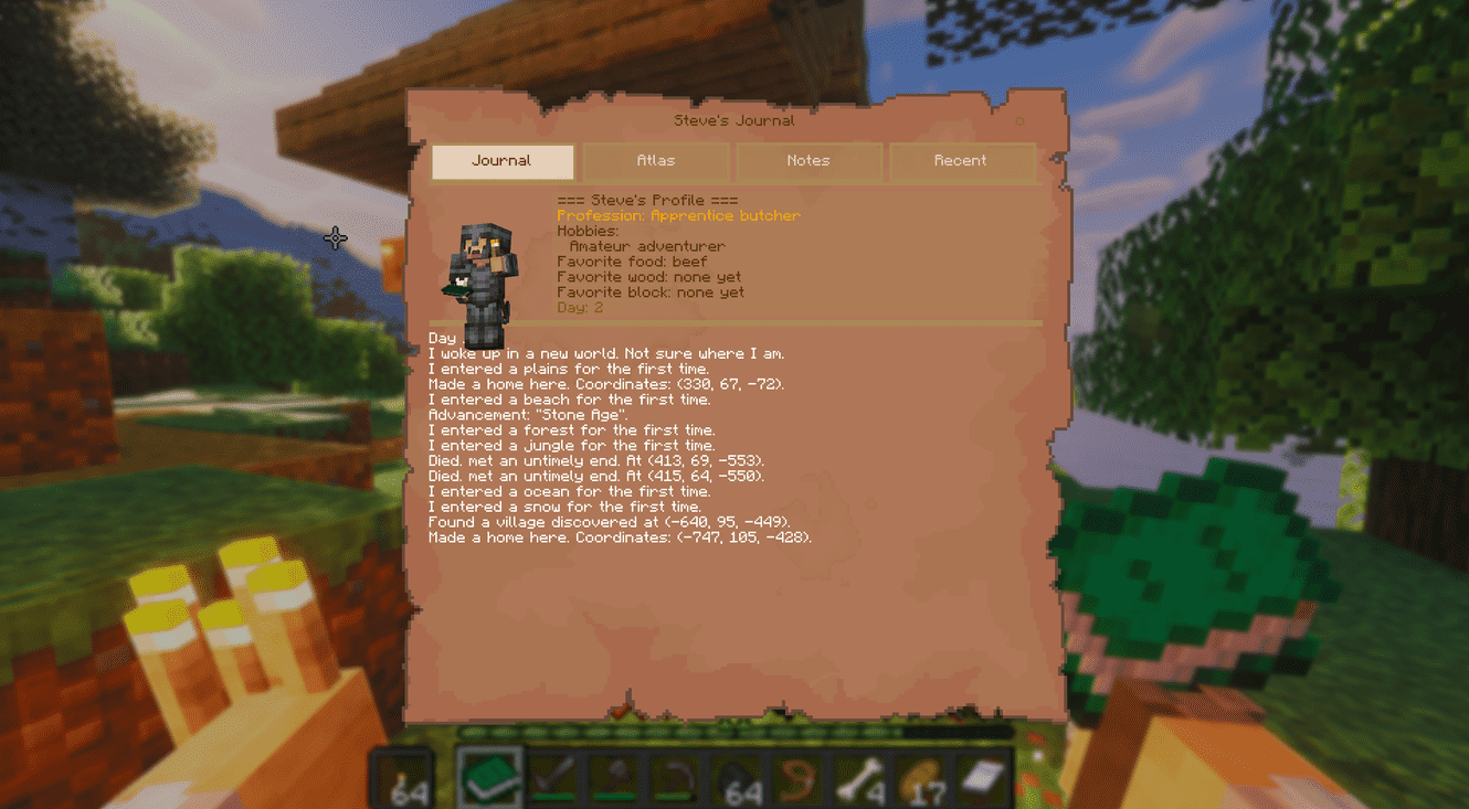 The main Journal page. Small bug with paper doll and UI size. (Planned fix) Steve's Profile instead of player chosen name. (Planned fix)
