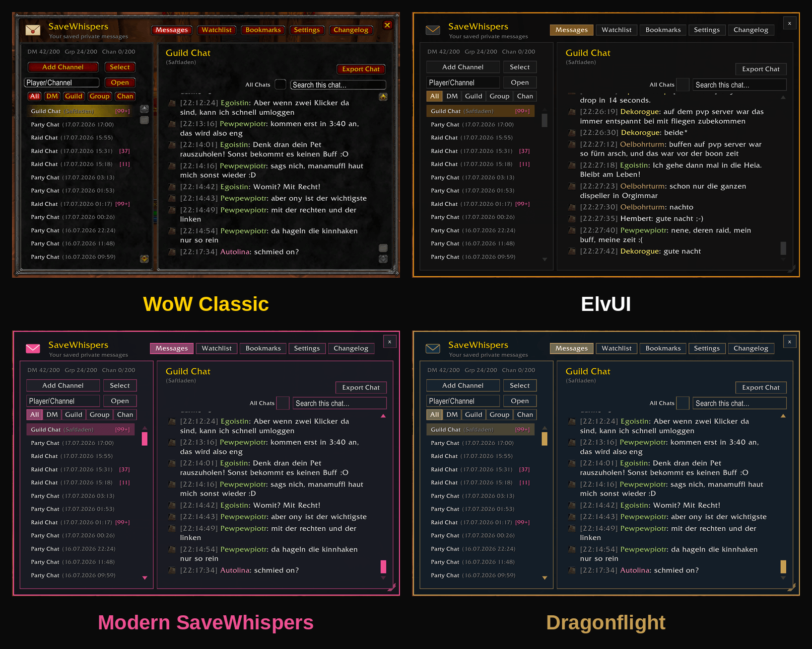 WoW Classic, ElvUI, Modern SaveWhispers and Dragonflight side by side.